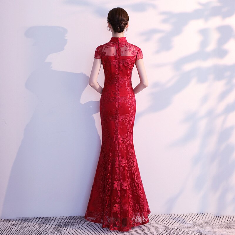 Lace Mermaid Chinese Style Lady Cheongsam Long Tight Elegant Dress Big Size 3XL Vestidso Vintage Red Bride Wedding Qipao S-203