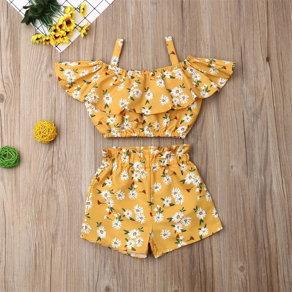 Newest Fashion Summer Toddler Baby Girl Clothes Off Shoulder Ruffle Sling Crop Tops Short Pants 2Pcs Outfits Clothes