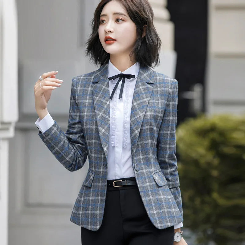 High-quality Plaid Jacket Vintage Plaid with Pocket Office Lady Casual Style Blazer Women Wear Single Button Suits Coat P342