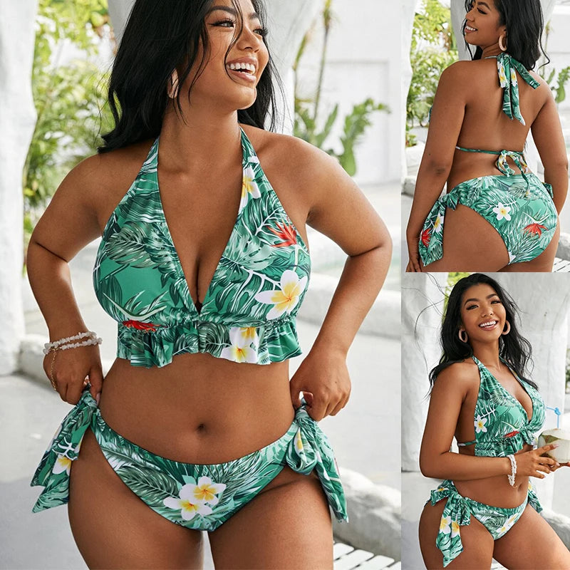 Large Size Bikini Set Large Cup Swimwear Women Retro Halter Neck Cross Swimming Suit Big Size Swimsuit Plus Size Bikini