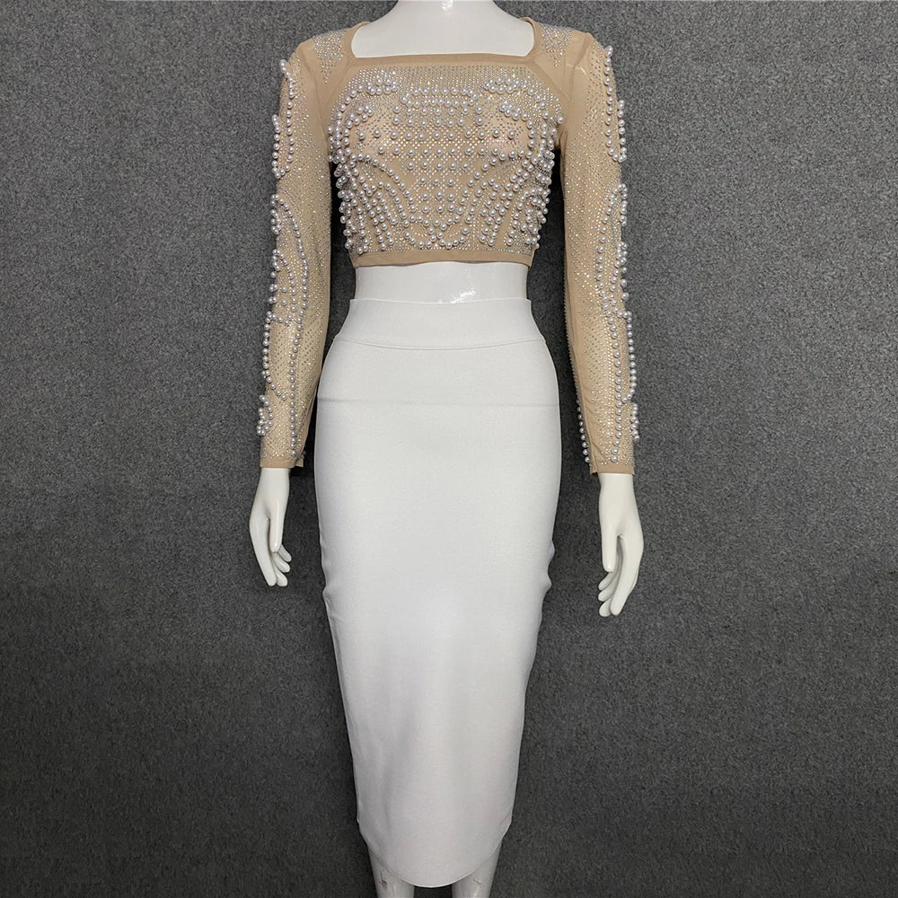 2021 New 2 Piece Set Beading Sexy Top Bandage Skirt Two Piece Sets Suits Women Autumn Winter Bodycon Clothes