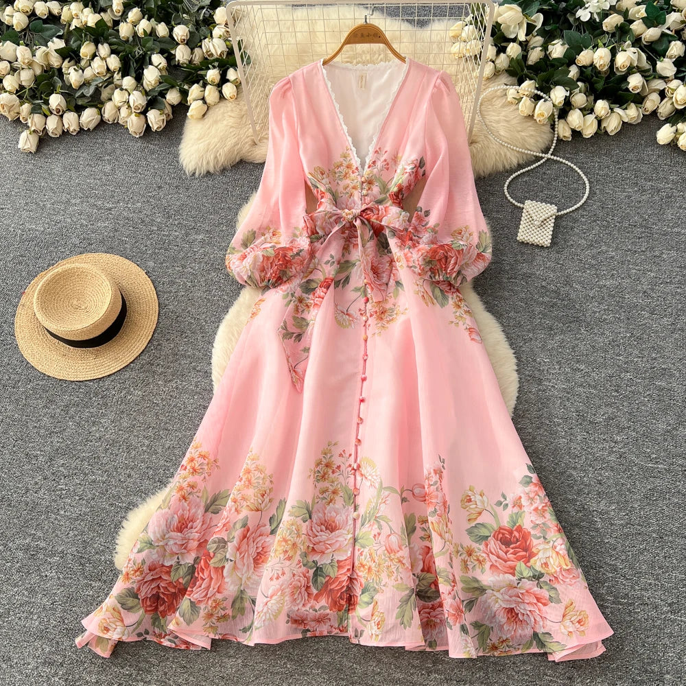 Summer V-Neck A-Line Maxi Dress for Women Empire Printed Dress