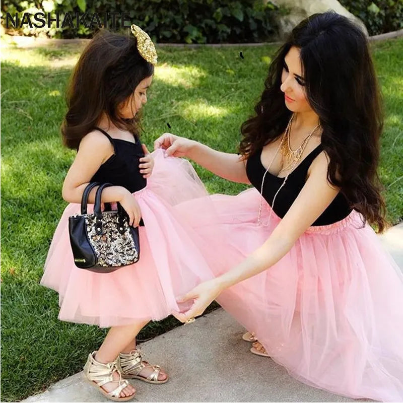 Mom and Daughter Dress Pink Patchwork Mesh Princess Dress Mother and daughter clothes Family Look Mother daughter dresses