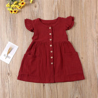 Toddler Kid Baby Girl Summer Dress Ruffles Sleeves Cotton Linen Party Children Girls Casual Button Pocket Dress Sundress Clothes