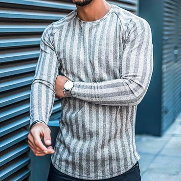 T-shirt Long Sleeve Slim Top Cotton Blend Men Stripe Plaid Print Male Pullover Sweater for Autumn Men clothing Casual Streetwear