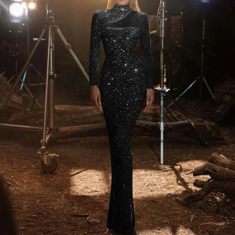 New Women's Satin Hollow Strapless Dress Round Neck Slim Temperament S-Shaped Sequin Crocheted Floor-Length Striped Pattern