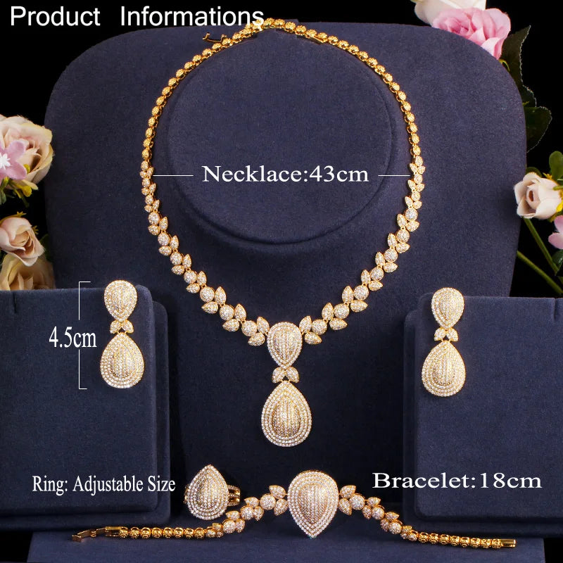 CWWZircons Luxury 4pcs Bridal Wedding Banquet Jewelry Set African Dubai Gold Color CZ Women Party Costume Accessories T416