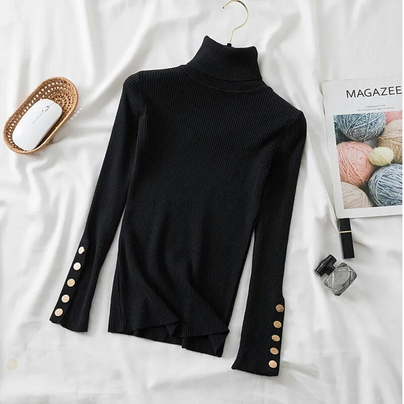 2023 autumn winter women thick sweater pullovers long sleeve button Turtleneck chic Sweater Female Slim knit soft jumper tops