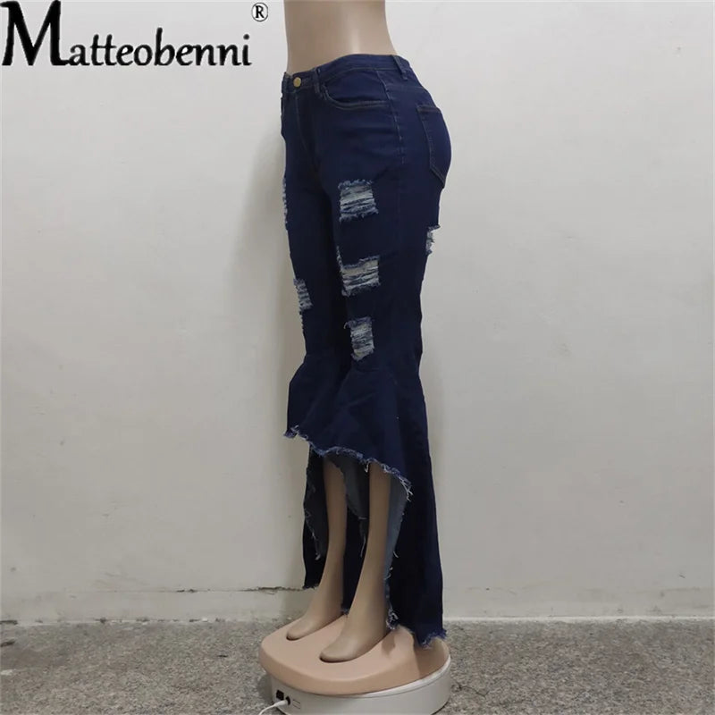 Sexy Ripped Jeans Fringe Hollow Out Ruffle Water Wash Flare Denim Pants New High Waist Bodycon Hole Women Trousers Club Outfits