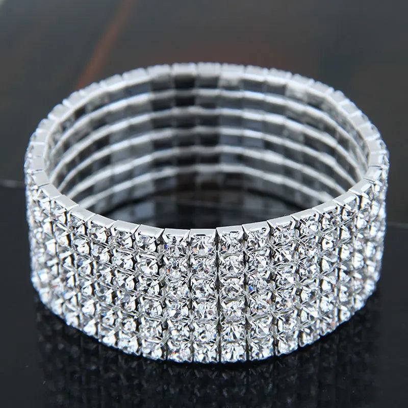 TREAZY 1-10 Rows Rhinestones Bridal Wedding Bangles Gold/Silver Color Crystal Stretch Bracelet Women Wristband Elastic Jewelry