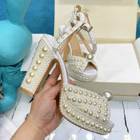 2021 Sexy Pearl Platform Sandals Women Open Toe Rhinestone Diamond Square High Heels Shoes