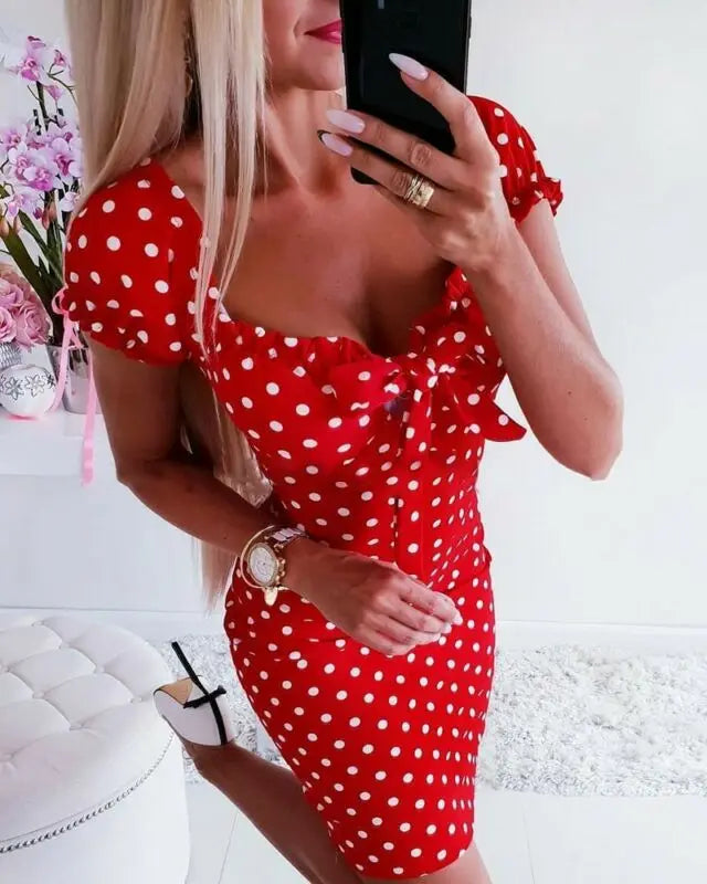 Local stock Women Boho Polka Dot Sexy Bodycon Short Sleeve O Neck Dot Dress Ladies Summer Holiday Mini Sundress Beachwear hot