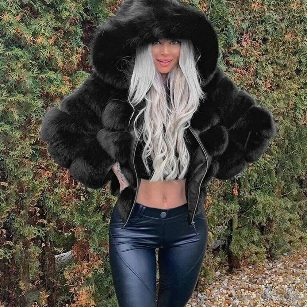 Winter Warm Fashion Hooded Faux Fur Coat Women S-3XL Furry Overcoat Elegant Plush Crop Jacket Femme Color Daily Casual