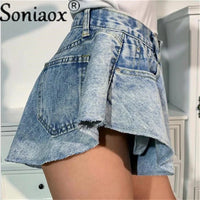 2021 Summer Women Casual Ripped Denim Shorts Sexy High Waist Ruffle Hem Loose Ruched Jean Short Female Fashion Street Clothing