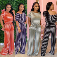 VOLALO Women Causal Striped Short Sleeve Jumpsuit  Loose Fit Summer Long Pants Daily Overalls Comfy Jumpsuit