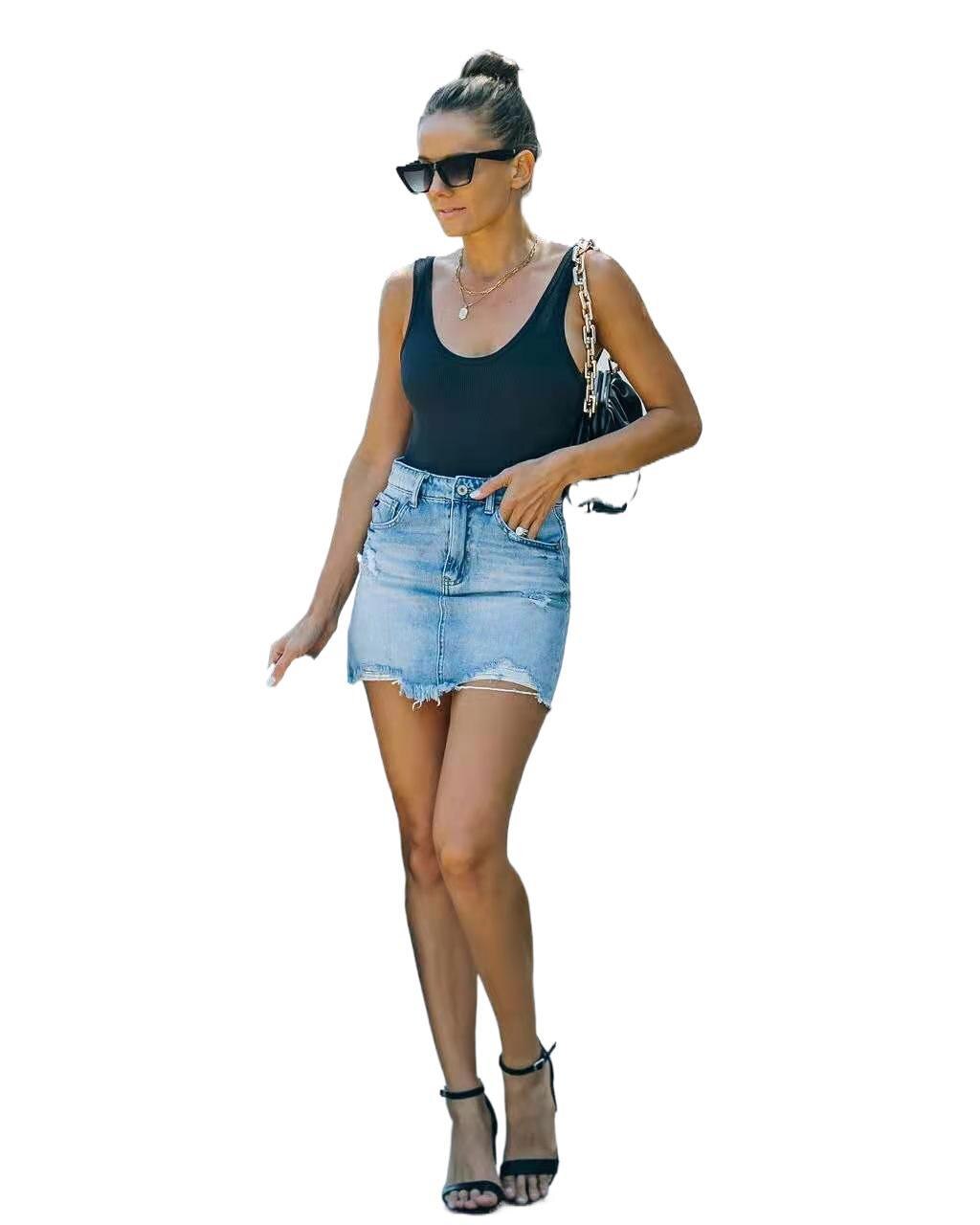 2021 Summer Women&#39;s Denim Jeans Hip A-line Wash Mini Skirt Ropa Mujer