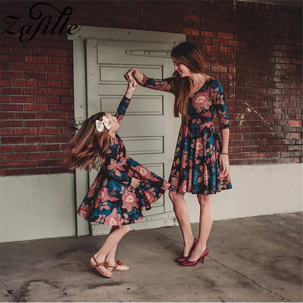 ZAFILLE Mom And Daughter Matching Clothes Three Quarter Spring Floral Mini Me Family Matching Outfits Mommy and daughter Dresses