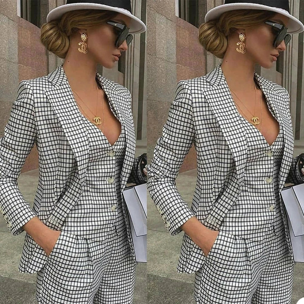 Spring Women Suits Tailored Made White/Black Plaid Mother Of Bride Dress 3 Piece Jacket+Vest+Pants Slim Fit Tailleur Femme 2023