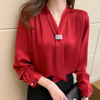 Korean Women Shirts Chiffon Blouses for Women Long Sleeve Shirts Tops Woman Ribbon Blouse Tops Fashion Woman Bow Tie Shirt XXL