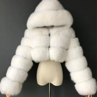 Winter Warm Fashion Hooded Faux Fur Coat Women S-3XL Furry Overcoat Elegant Plush Crop Jacket Femme Color Daily Casual