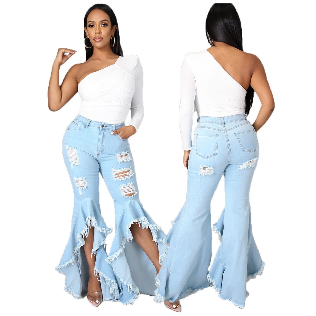 Ripped Hole Flare Jeans Women Bell Bottom Jean Fashion High Waist Wide Leg Pants 2021 Summer Tassel Denim Trousers