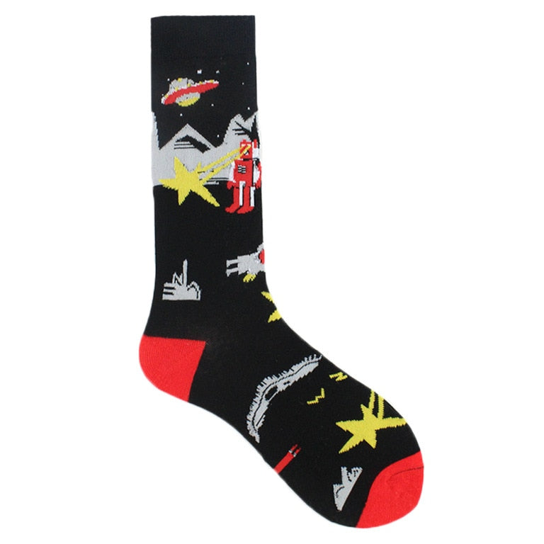 Happy Funny Unisex Painting UFO Astronaut Outer Space Rocket Star War Men Crew Socks Streetwear Cotton Male Skateboard Dress