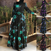 Women Long Sleeve Muslim Abaya Dress Ethnic Floral Print Belt Maxi Kaftan Robe Satin Corset Long Sleeve Dresses