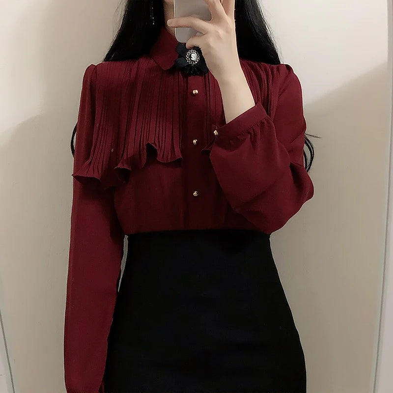 2020 new ruffles chiffon blouse fashion long sleeve women clothing chiffon shirt elegant female chiffon tops