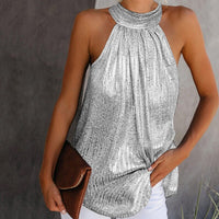 Womens Fashion Shiny Halter Neck Tank Tops Vest Ladies Summer Casual Solid Color Sleeveless T shirt Blouse Black Gold Silver