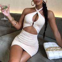 2022 Sleeveless Backless Hollow Out Bodycon Dress Summer Sexy Ruched Halter Mini Dresses Women Evening Dresses Party Club Outfit