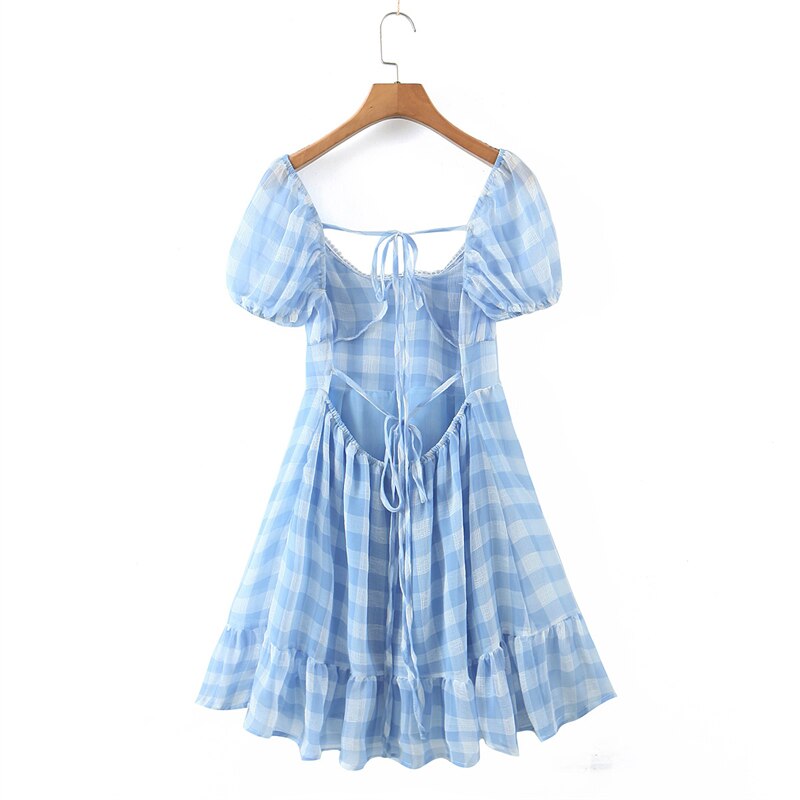 2022 Spring Ins French Vintage Folds Slim Square Collar Puff Sleeve Ruffle Plaid Print Sexy Backless Lace-Up Dress Women Vestido