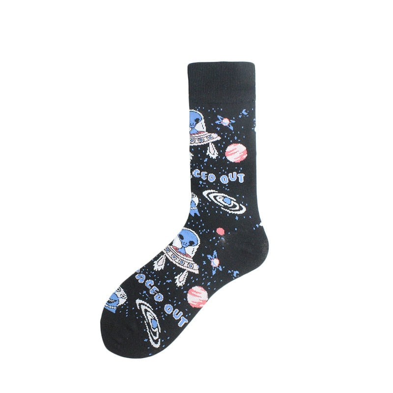 Happy Funny Unisex Painting UFO Astronaut Outer Space Rocket Star War Men Crew Socks Streetwear Cotton Male Skateboard Dress