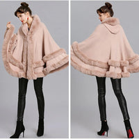 Double Layer Luxury Imitated Rex Rabbit Fur Cape Coat Hooded Shawl Winter Women Knit Poncho Overcoat Faux Fur Wraps Big