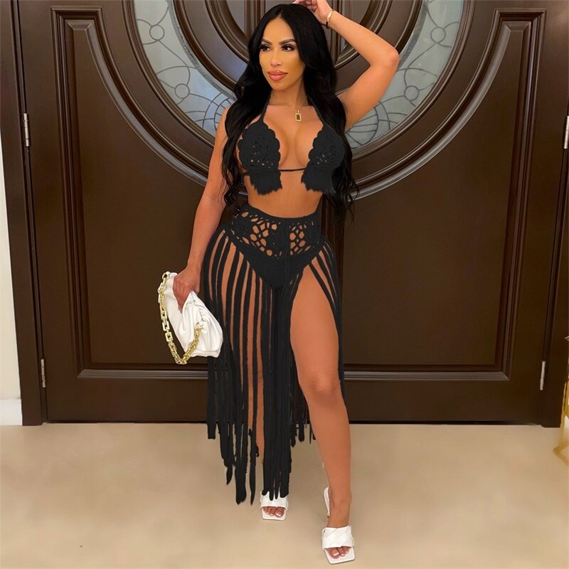 Crochet Hollow Out Two Piece Dress Women Deep V-neck Sexy Beach Halter Mega Mart Center Crochet Hollow Out Two Piece Dress Women Deep V-neck Sexy Beach Halter Mega Mart Center