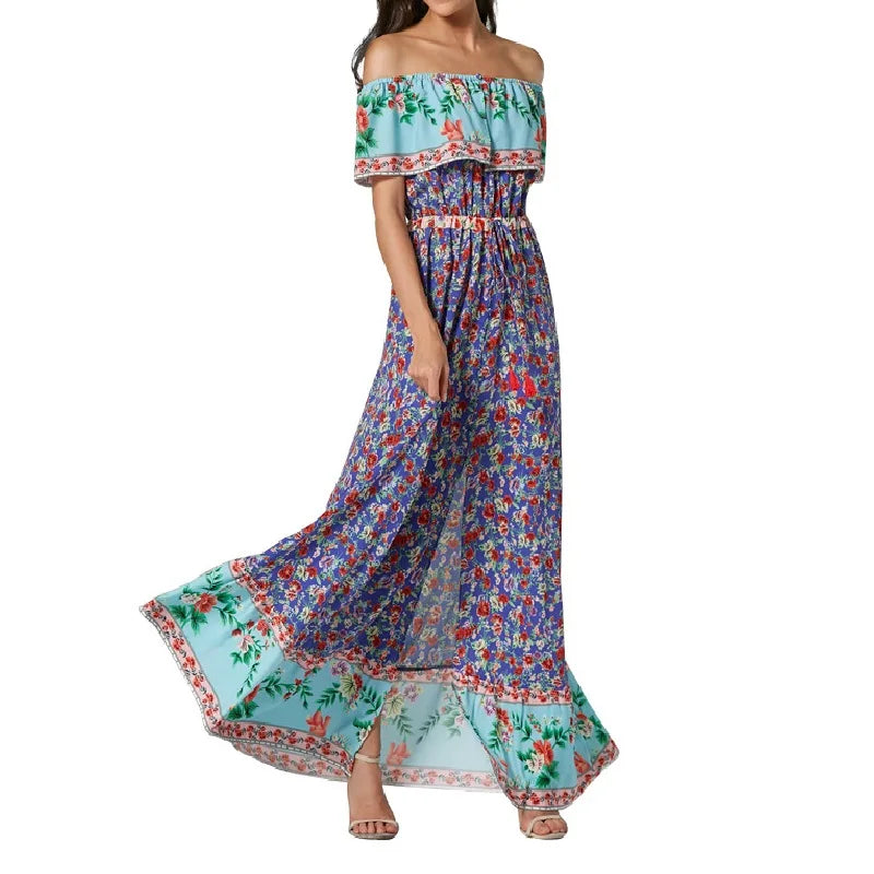 AECU 2021 Women Boho Long Dress Floral Printing Beach Maxi Dress Off Shoulder Vintage Big Pleated Dress Female Vestidos