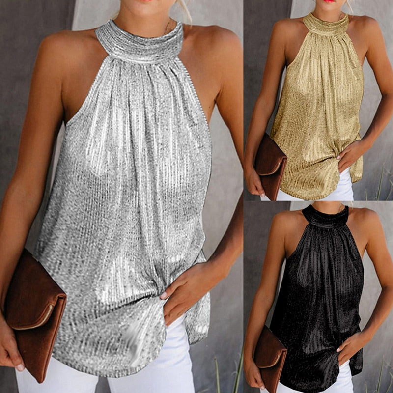 Womens Fashion Shiny Halter Neck Tank Tops Vest Ladies Summer Casual Solid Color Sleeveless T shirt Blouse Black Gold Silver