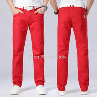White Jeans Men Plus Size 36 38 40 Loose Oversized Red Trousers Stretched Denim Mens Casual Slim Fit Straight Elastic Man Pant