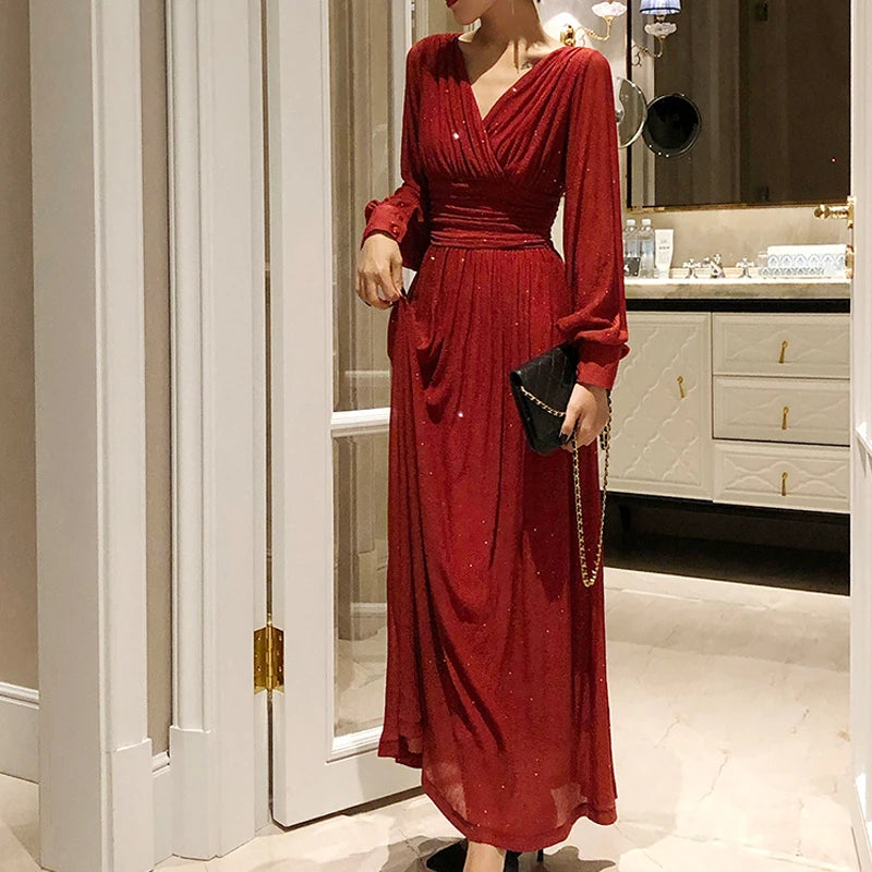 Sexy V neck Women Long Sleeve Dress Glitter Elegant Ladies Pleated Slim Maxi Dress Evening Party Female Long Dress Vestidos