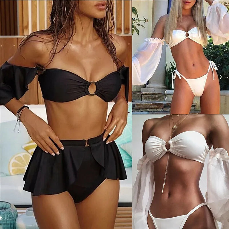 Women Strapless Ruffles Padded Push-up Bra Bikini Set Swimwear 2020 New Off Shoulder Swimsuit Swimwear Beachwear Swimming Wear