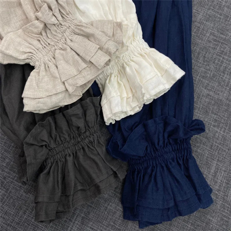 Johnature 2023 Autumn New Women Loose Tops And Blouses Vintage Linen Solid Color Ruffles Collar 4 Colors Female Shirts