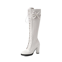 Winter Sweet Women Knee High Boots PU Leather Round Toe 7cm High Block Heels Bowtie Lace-up Lolita Lady Zipper Long Riding Boots