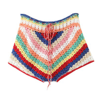 Sexy 2020 Lacing up Colored Striped Hand crochet Cardigan Sweater Women Tops 2 Pieces Set