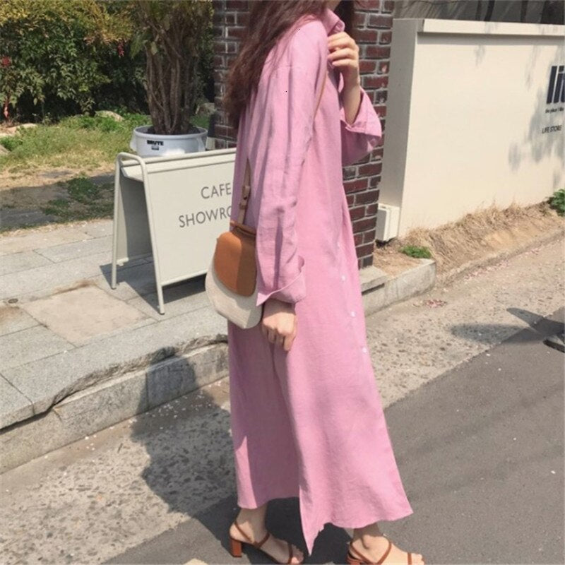 TVVOVVIN Easy Shirt Dress Urban Leisure Single Breasted Long Fund Loose Form Lazy Style Cotton And Linen Dresses L262