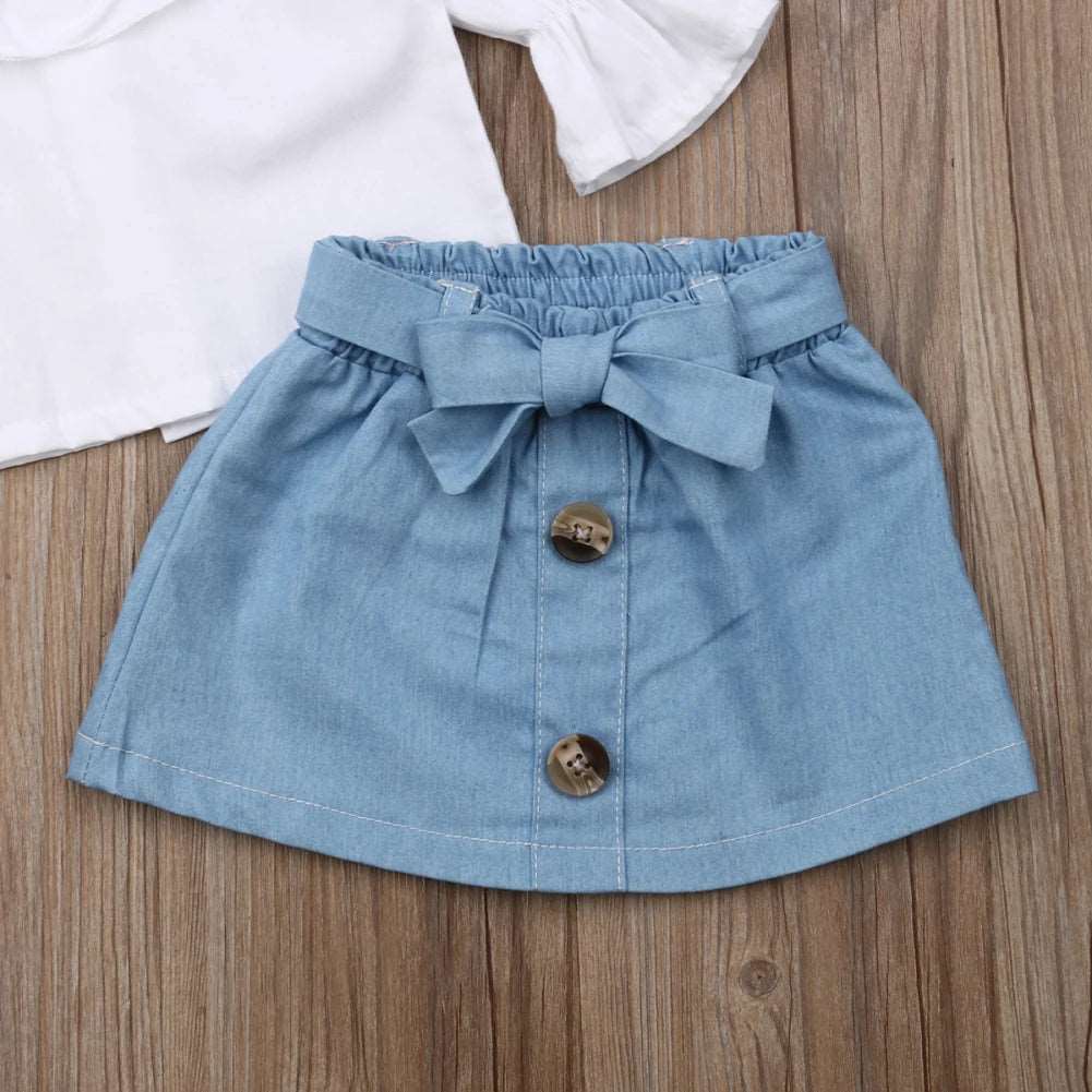 1-5 Year Kid Clothes Set Baby Girls White Long Sleeve Ruffles T Shirts +Girl Denim A-Line Skirt Kids Outfit Sets Spring Autumn