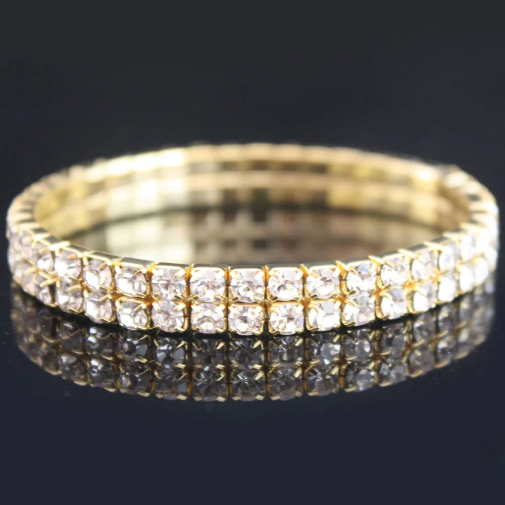 TREAZY 1-10 Rows Rhinestones Bridal Wedding Bangles Gold/Silver Color Crystal Stretch Bracelet Women Wristband Elastic Jewelry
