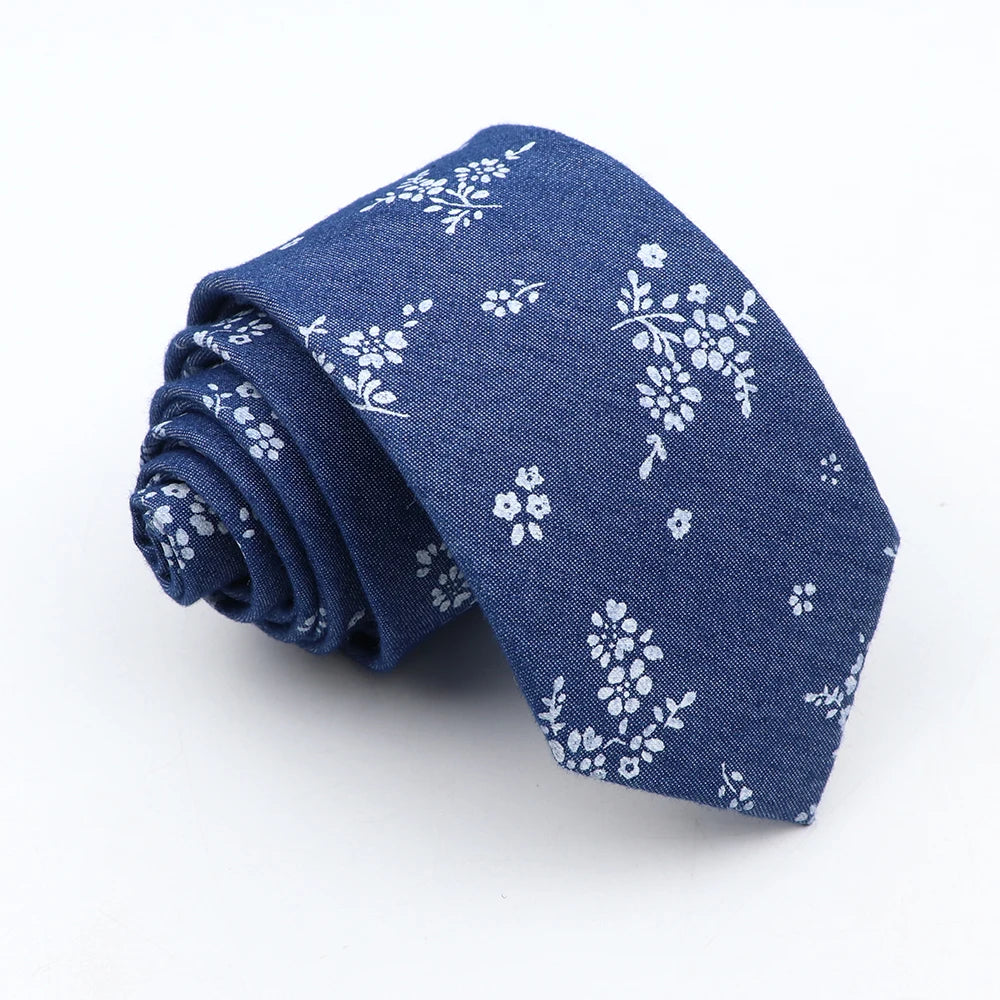 New Cotton Denim Ties For Men 7CM Floral Feather Dot Blue Neck Tie For Wedding Party Casual Print Slim Neckties Daily Wear Gift