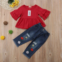 1-6Y Fashion Summer Kids Baby Clothes Sets Ruffles Sleeve Red T-Shirts Tops Floral Print Blue Hole Denim Pants Outfits