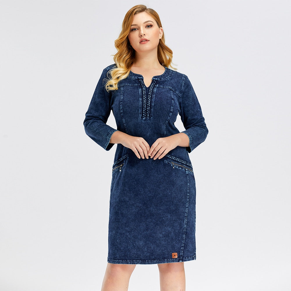 LIH HUA Women&#39;s Plus Size Denim Dress Elasticity  Knitted Denim Dresses Slim Fit Casual Dress Shoulder Pads Midi Dress