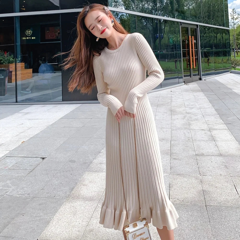 Women Maxi Dress Long Sweater Dress  Knit Fishtail Long Winter Dresses Loose Women Clothing