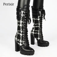 Perixir Boots Women Fashion Camouflage Print Long Boots Winter Thick Heel Platform Mid-Calf Boots Knee High female+shoes